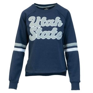 Utah State Patch Cursive Navy Stripes on Sleeves Women's Crew Sweatshirt